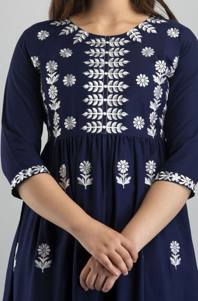 Navy Blue Rayon Women's Flared Kurti