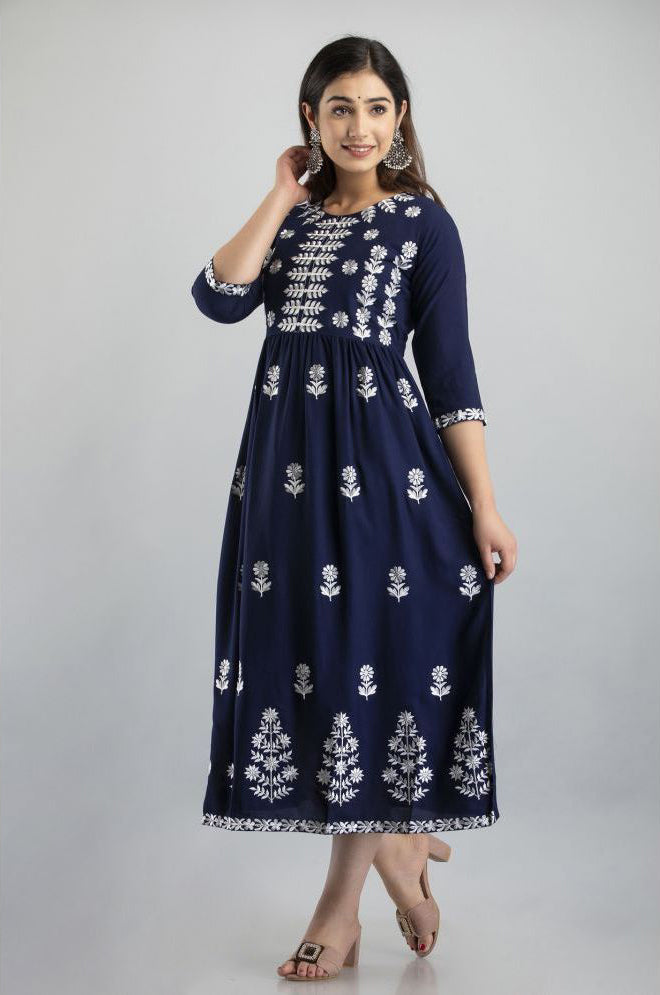 Navy Blue Rayon Women's Flared Kurti