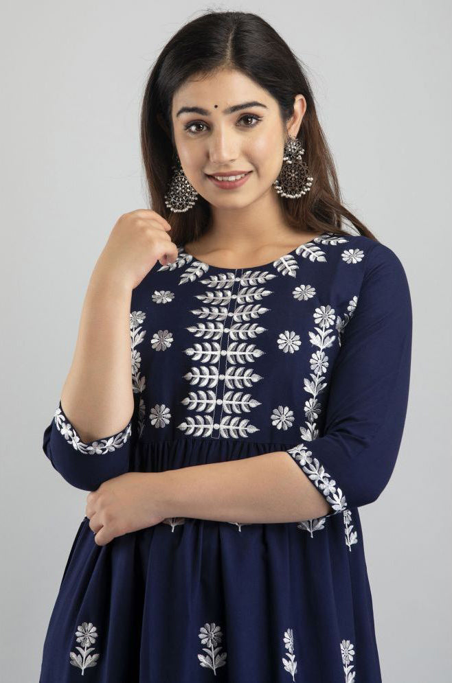 Navy Blue Rayon Women's Flared Kurti