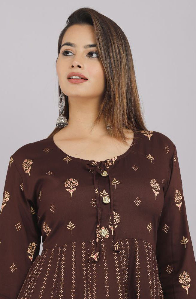 Coffee Rayon Women's Anarkali Kurti