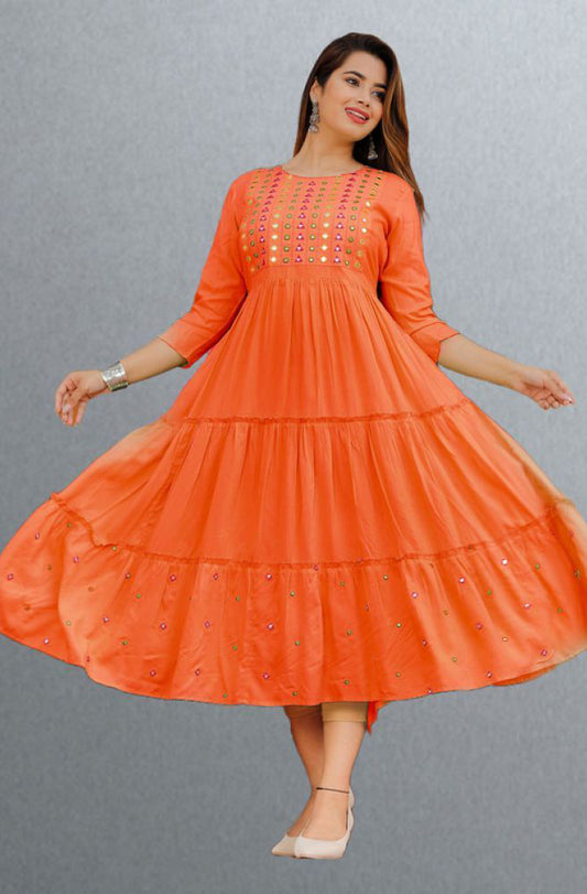 Orange Rayon Women's Anarkali Kurti