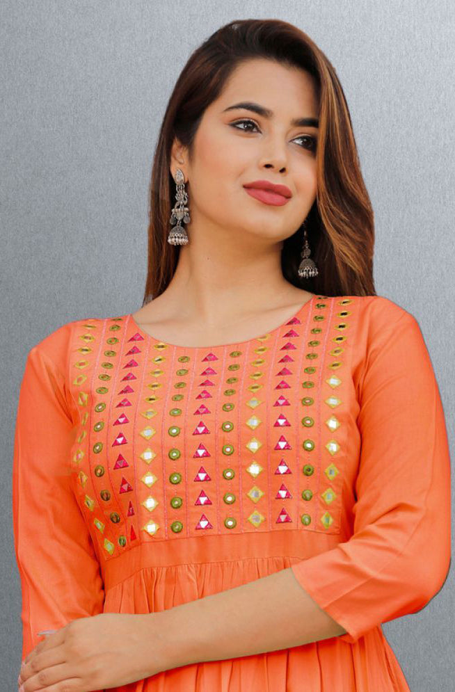 Orange Rayon Women's Anarkali Kurti