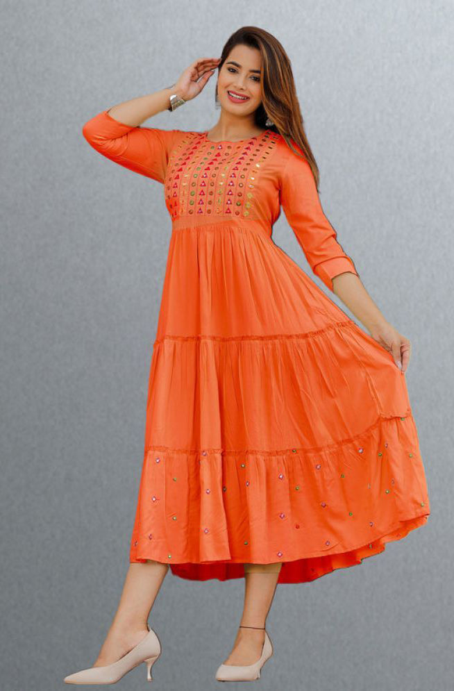 Orange Rayon Women's Anarkali Kurti