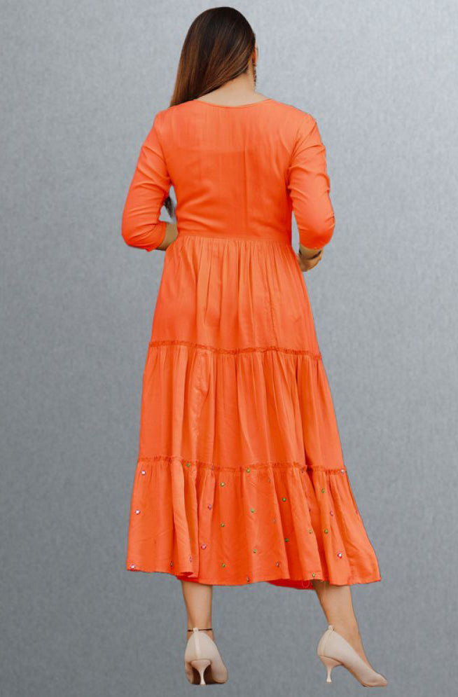 Orange Rayon Women's Anarkali Kurti