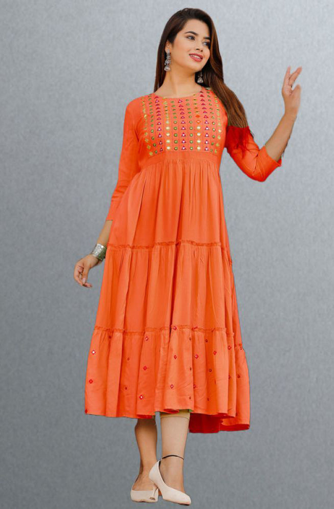 Orange Rayon Women's Anarkali Kurti