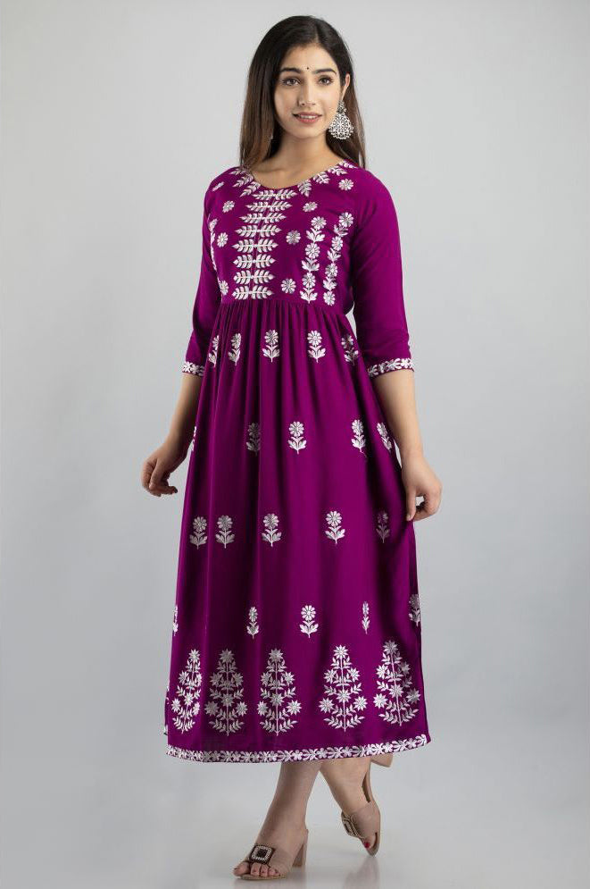 Magenta Rayon Women's Flared Kurti