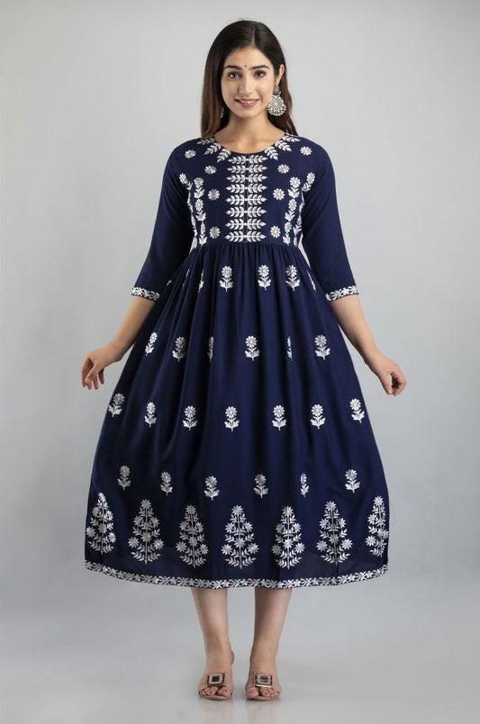 Navy Blue Rayon Women's Flared Kurti