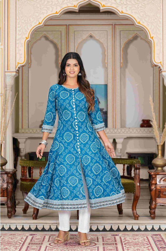 Cotton Printed Anarkali Women's Kurti - Blue